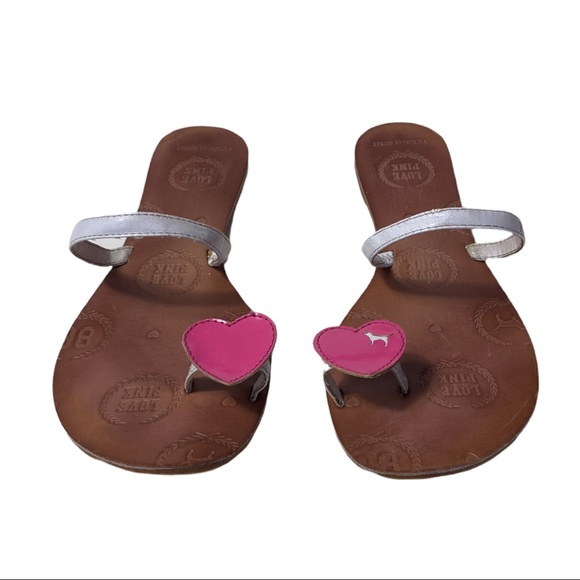 Victoria Secret Love Pink Leather Sandals With Pink Heart Toe Loop - Picture 3 of 10